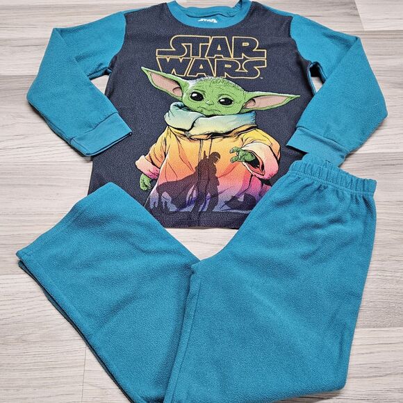 STAR WARS Boys Teal Baby Yoda Child Fleece Pajama Set Size 8 - Picture 2 of 8